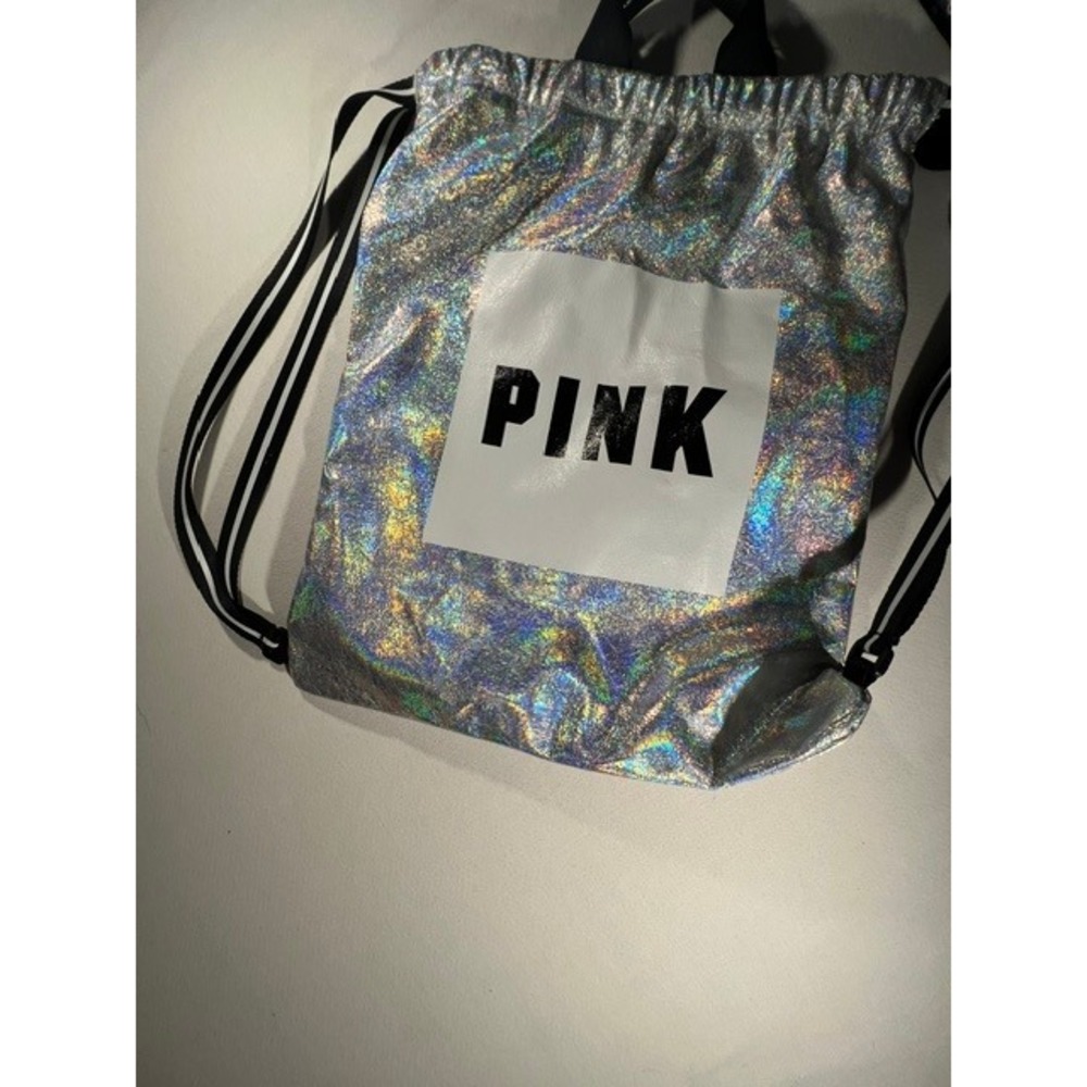 PINK Drawstring Backpack Womens OS Silver Holographic Excellent Iridescent Logo